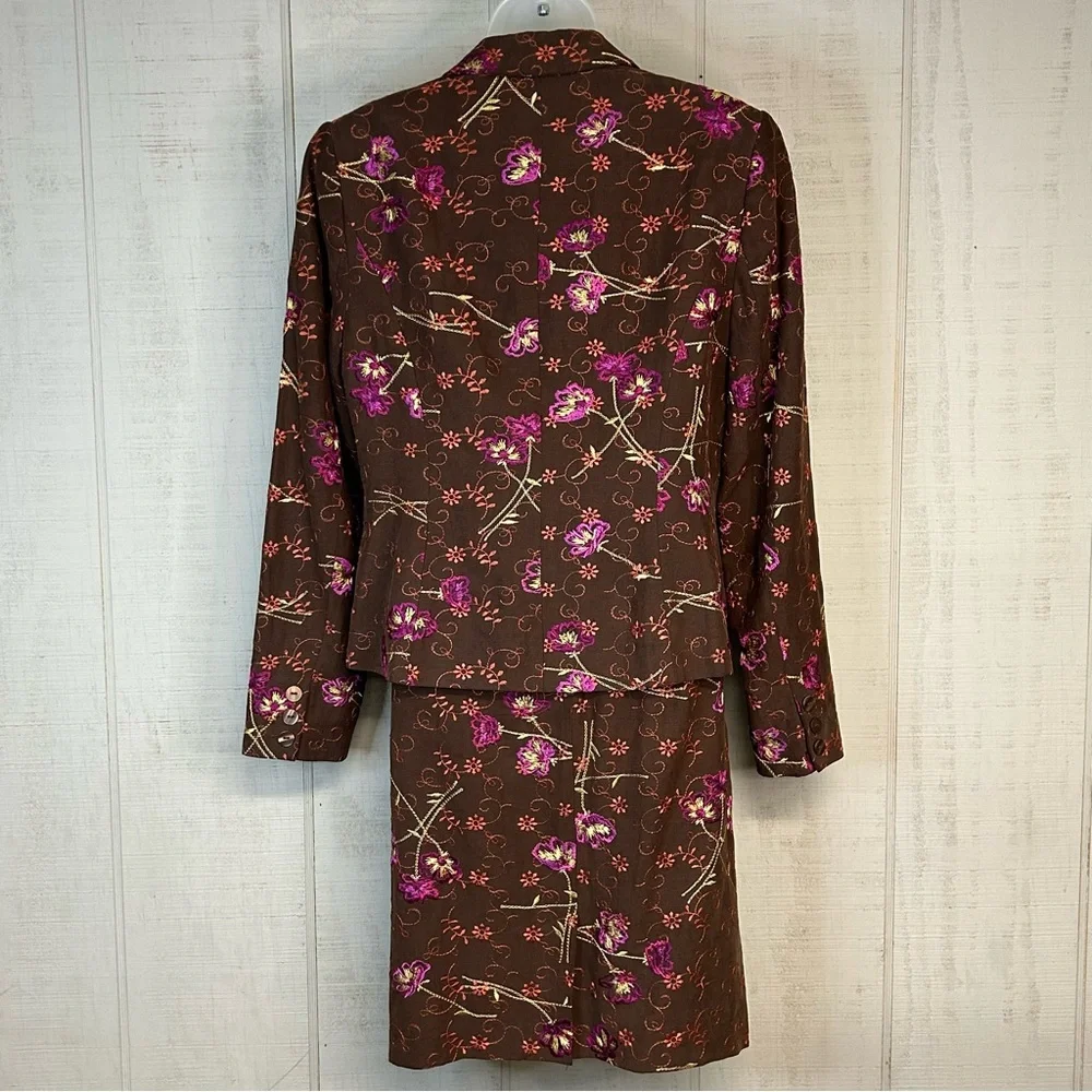Womens Matching Blazer Skirt Set Petite Size 10P Silk‎ Linen Embroidered Floral